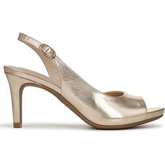 LifeStride Womens Gold Faux Leather Slingback Peep Toe Pumps Heeled Sandal - Picture 6 of 9
